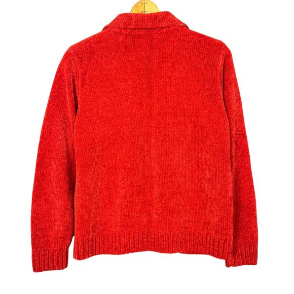 Vintage Chenille Christmas Sweater, Red Cardigan, Embroidered Festive Holiday - Picture 6 of 7